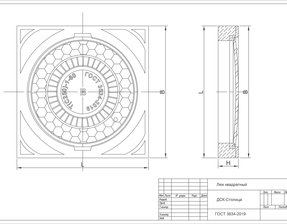 Люк квадратный тип ТМР (С 250) 750*750 с забетонированным корпусом Арбат